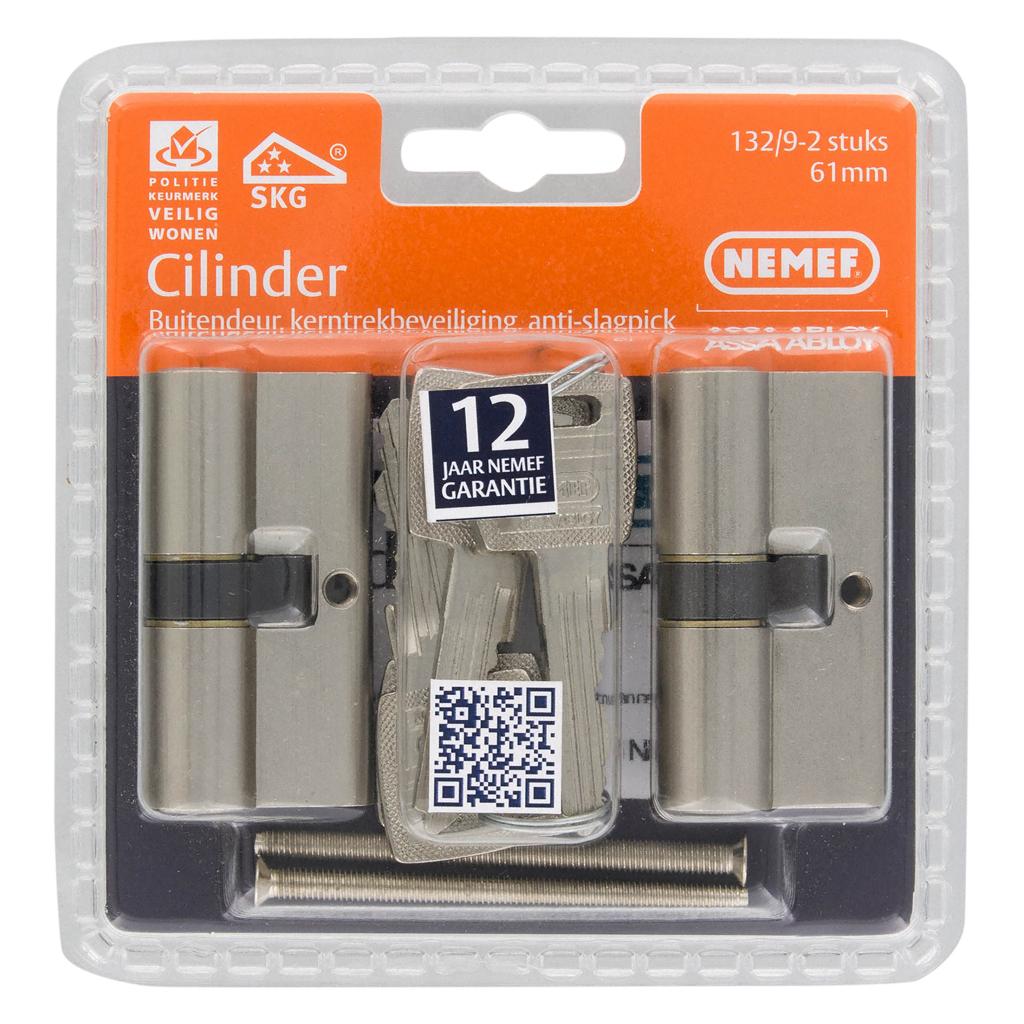 Nemef profielcilinder type 132/9 gelijksluitend SKG*** 61 mm, Ophalen, Nieuw, Rvs, Slot