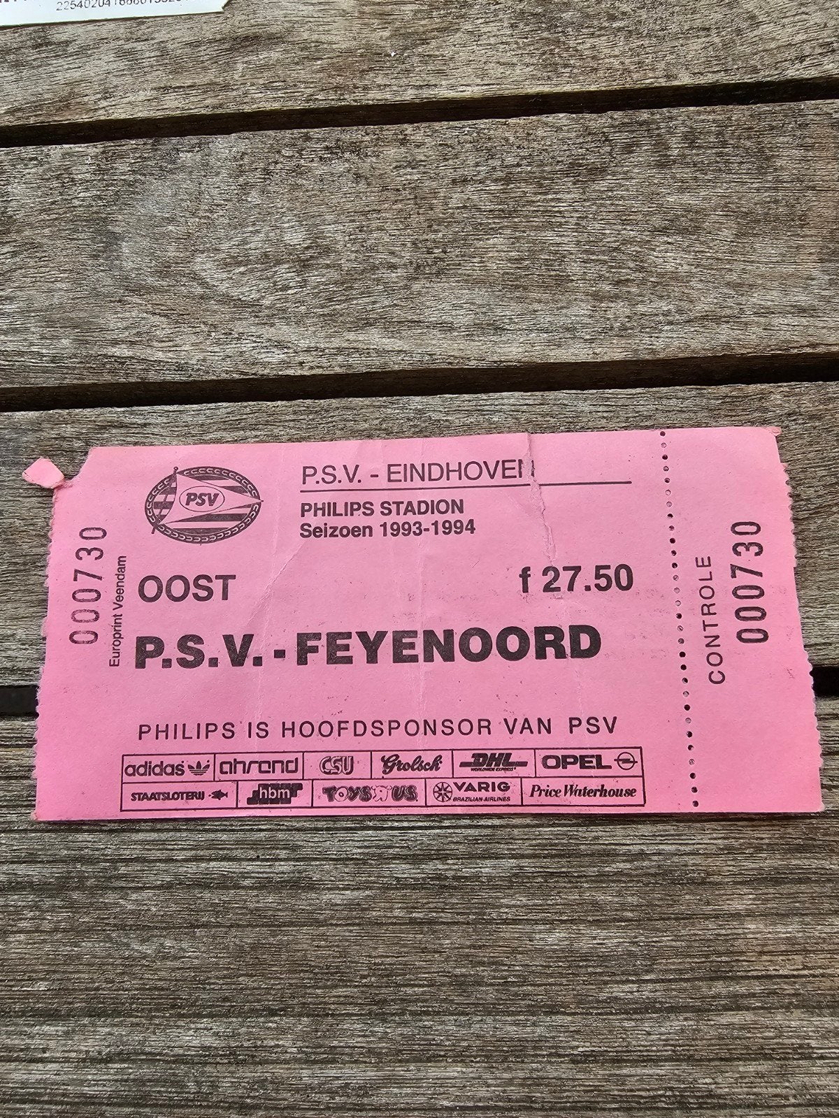 Kaartje psv-feyenoord seizoen 1993-1994, Verzenden, Zo goed als nieuw, PSV, Poster, Plaatje of Sticker