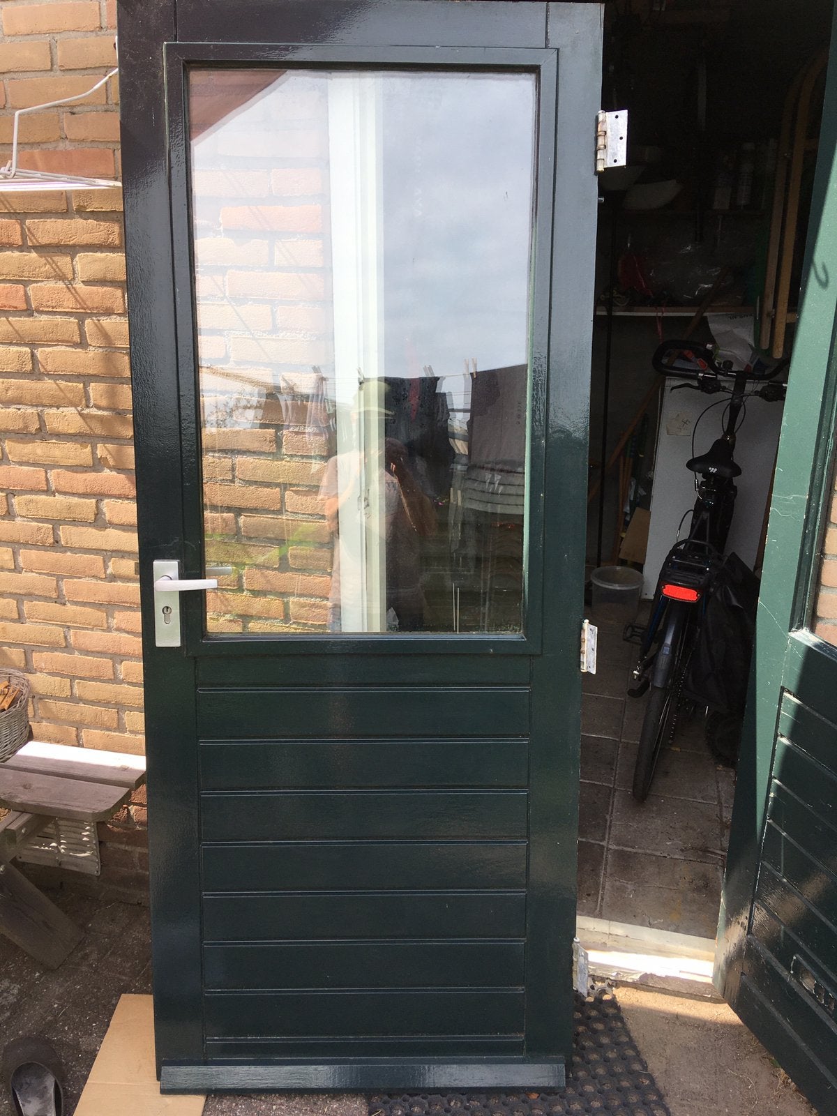 Buitendeur hardhout Meranti met dubbel glas, Ophalen, Gebruikt, 80 tot 100 cm, 200 tot 215 cm