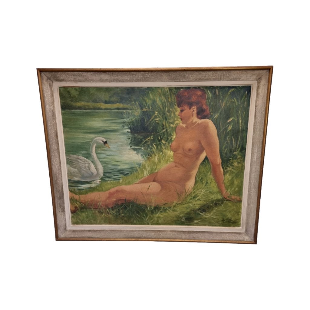 Vintage schilderij van Lena en de Zwaan 1956, Ophalen, Doek, Portret of Personen, Olieverf