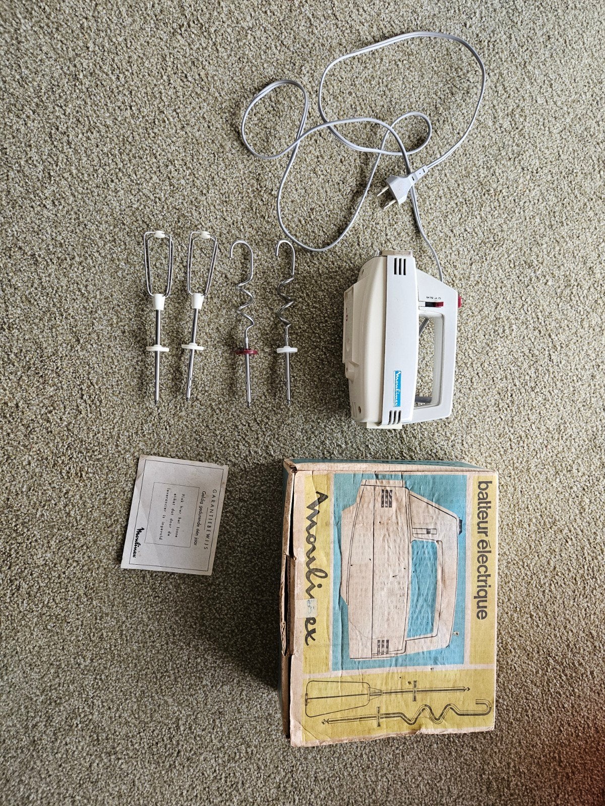 Vintage Moulinex Mixer met Accessoires en Originele Doos, Ophalen of Verzenden, Gebruikt, 1 snelheid
