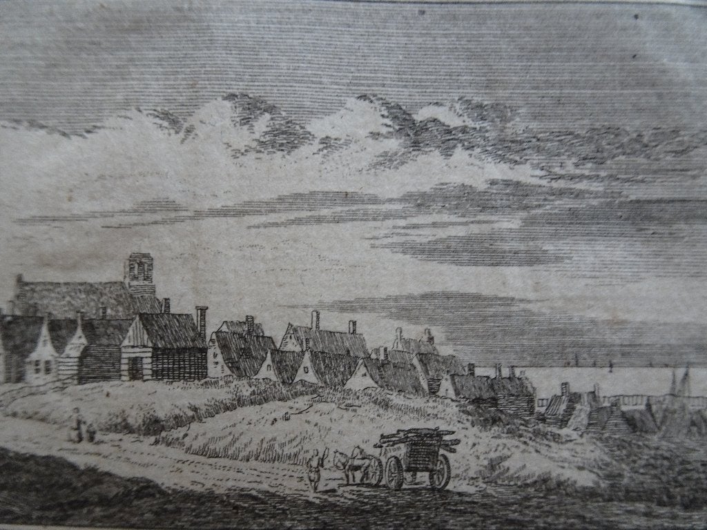 gravure duinlandschap met huizen Petten Rademaker 1727, Verzenden, Gravure, Origineel, Landschap
