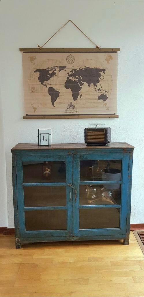 Unieke vintage dressoir kast | India | Blauw | Glazen deuren, Ophalen