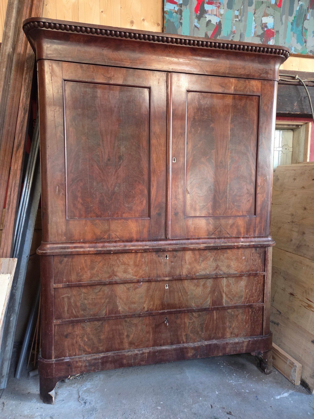 Antieke Biedermeier linnenkast / secretairekast, Antiek en Kunst, Ophalen of Verzenden