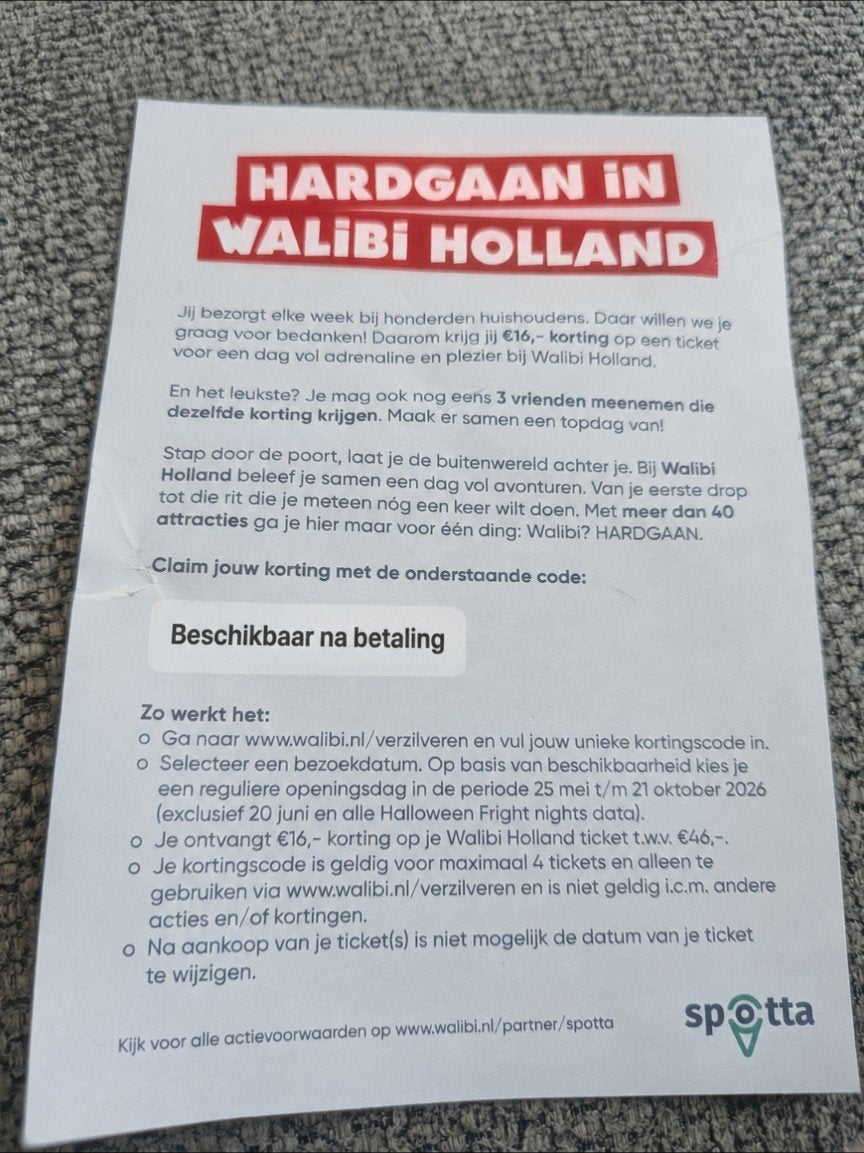 €64,-  KORTING 📍WALIBI📍Code NA Betaling, Kortingsbon, Pretpark