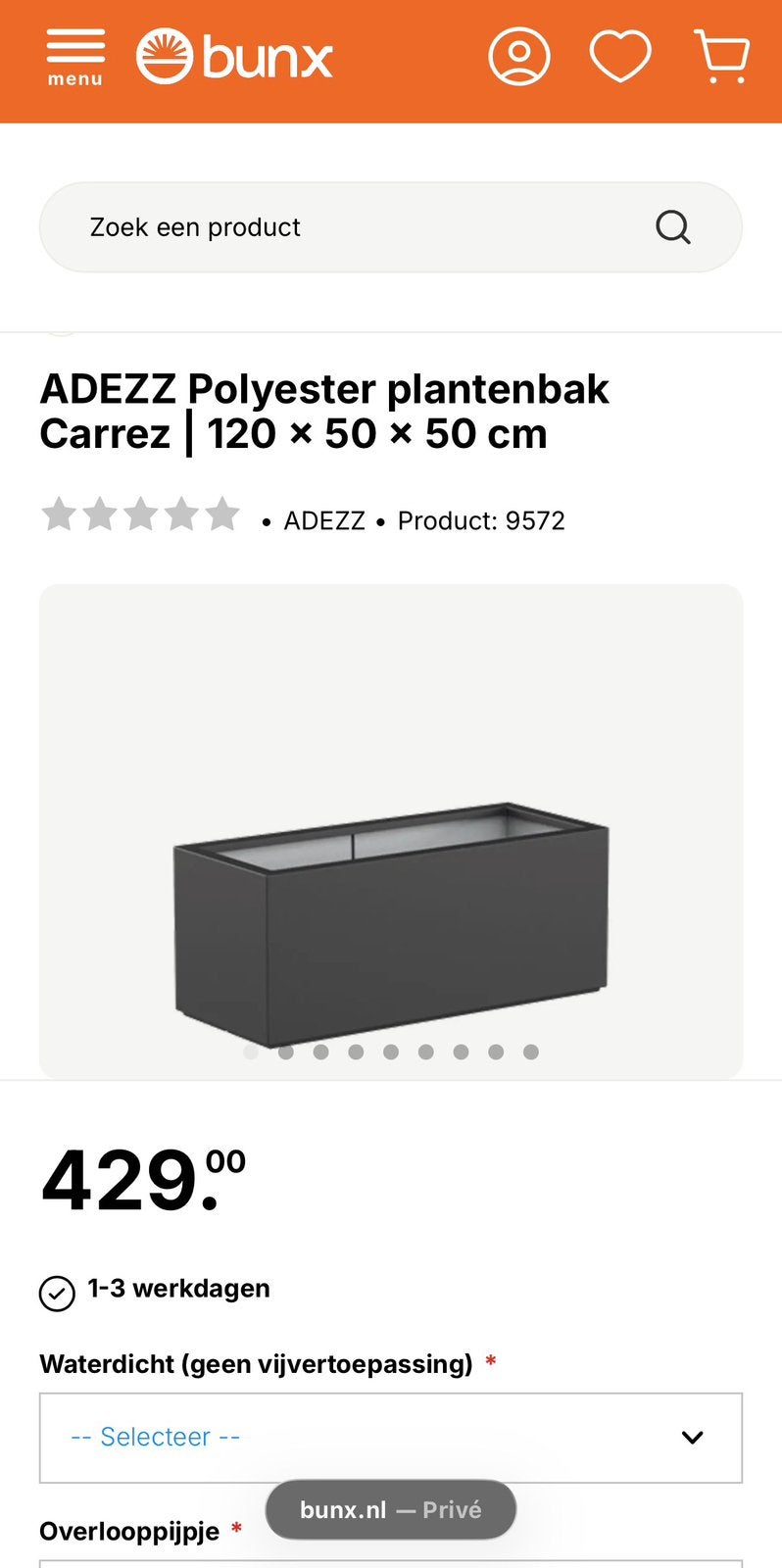 ADEZZ Polyester plantenbak Carrez | 120 x 50 x 50 cm, 100 cm of meer, Nieuw, Ophalen of Verzenden, Metaal