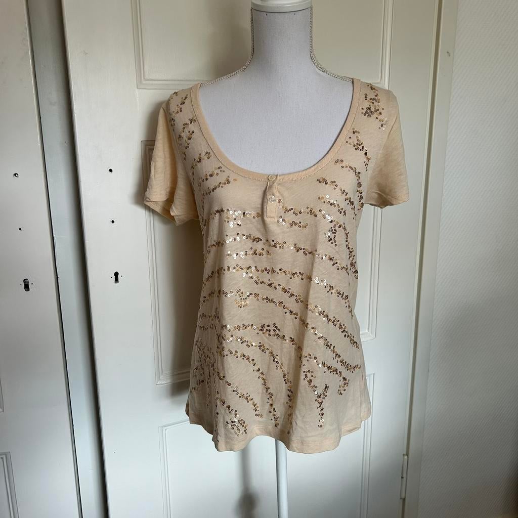 J. Crew Top Gouden Pailletten – 100% Katoen – Maat L, Beige, Maat 42/44 (L), Ophalen of Verzenden, Korte mouw