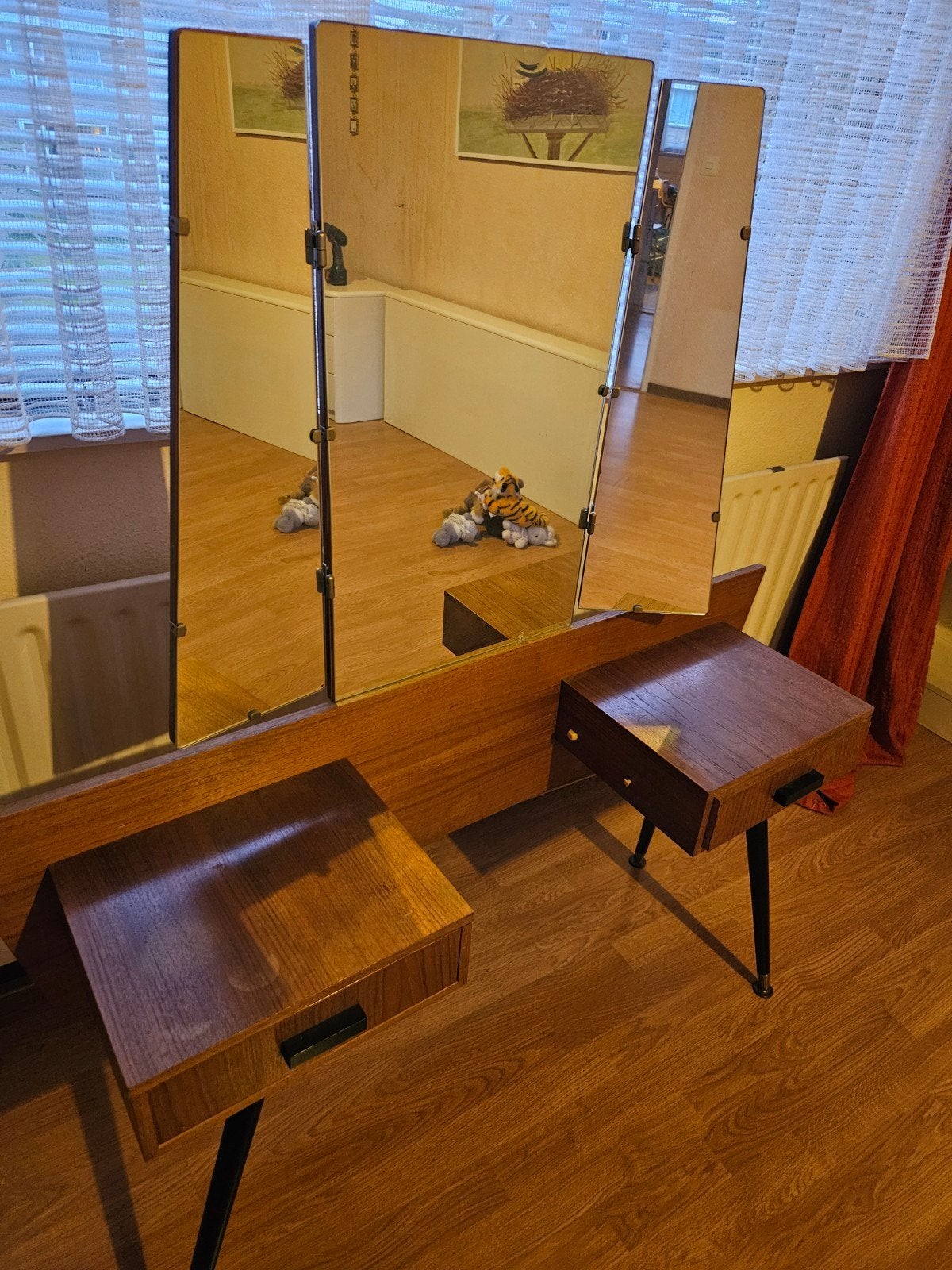 Vintage kaptafel met spiegel en lades - glasplaat kapot, Ophalen