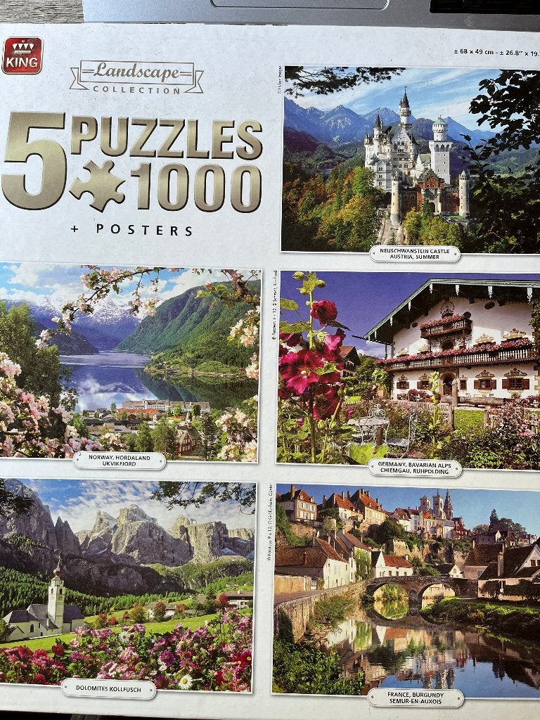 Puzzel 5 in 1 Neuschw. Utvikfjord Chiemgau Knollfusch Semur, Hobby en Vrije tijd, Denksport en Puzzels, Ophalen of Verzenden, 500 t/m 1500 stukjes