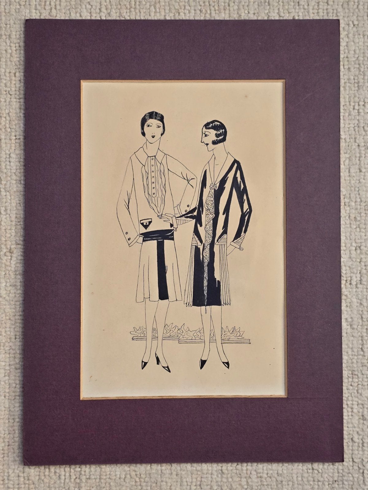 Set van 2 Art Deco mode-illustraties, jaren '20 stijl, Ophalen of Verzenden, Tekening, Pentekening, Ingelijst