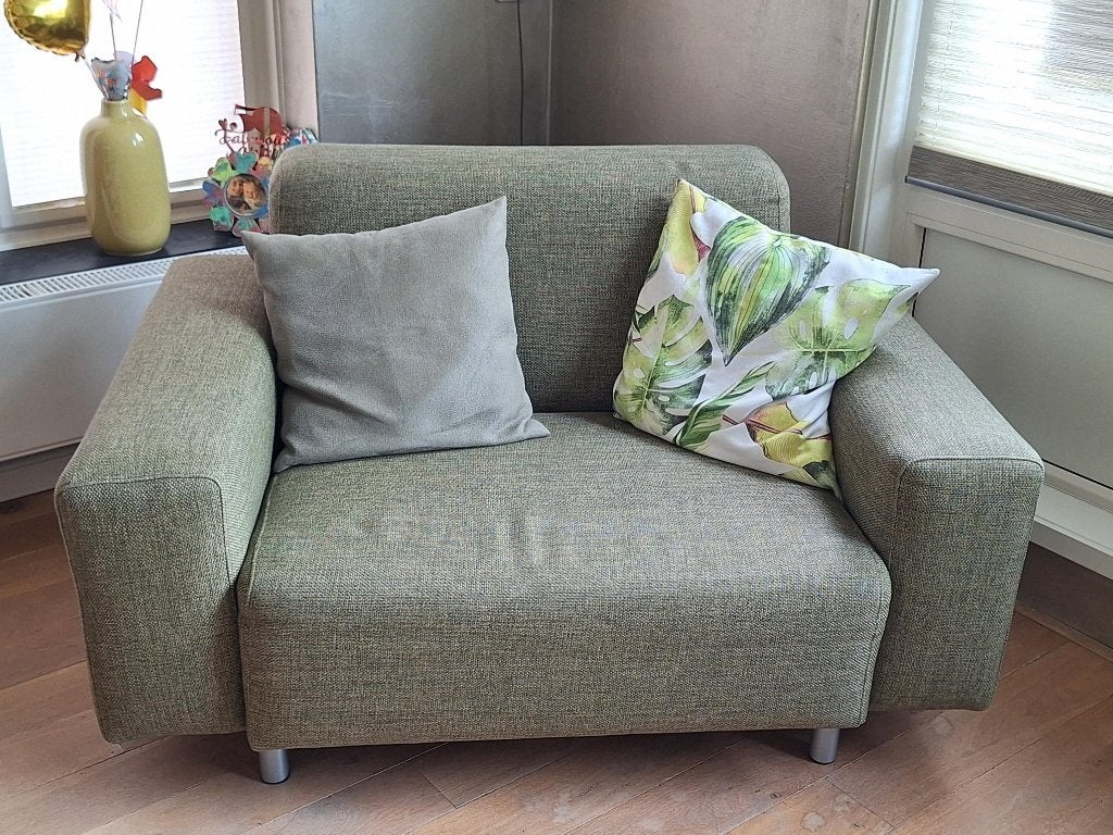 Loveseat fauteuil en bijpassende hocker/salontafel, Ophalen, Gebruikt, 75 tot 100 cm, 100 tot 125 cm