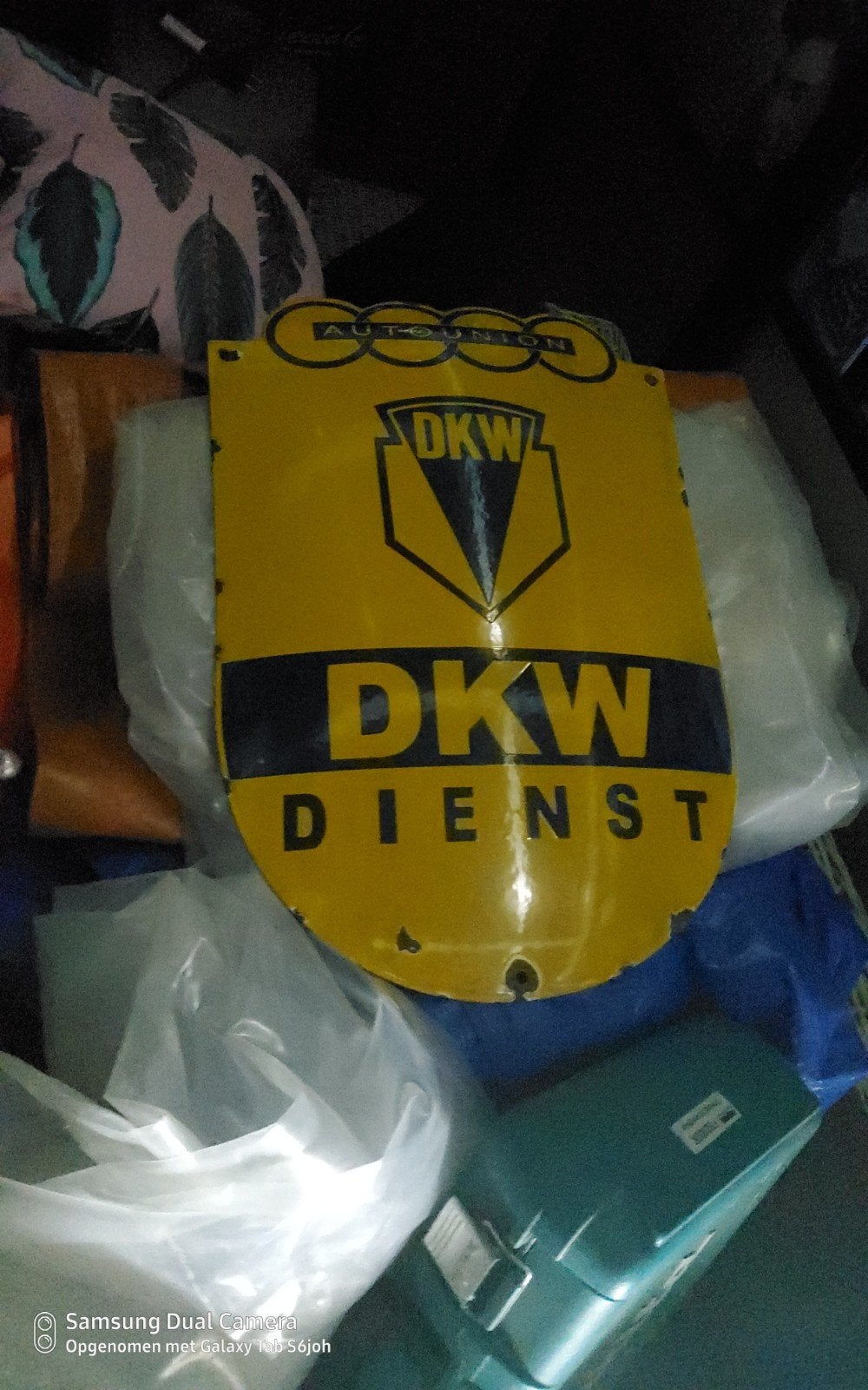 Vintage DKW Dienst Emaille Reclamebord Auto Union, Ophalen
