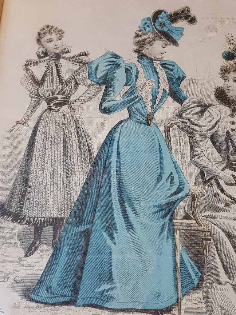 Mooie zeldzame antieke ingelijste mode gravure uit Frankrijk, 1800 - 1899, Mode, Met tekst, Ophalen of Verzenden