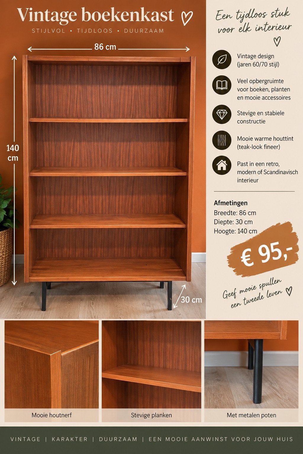 Vintage Boekenkast - Jaren '60/'70 Stijl Teaklook, Gebruikt, 100 tot 150 cm, 50 tot 100 cm, 25 tot 50 cm