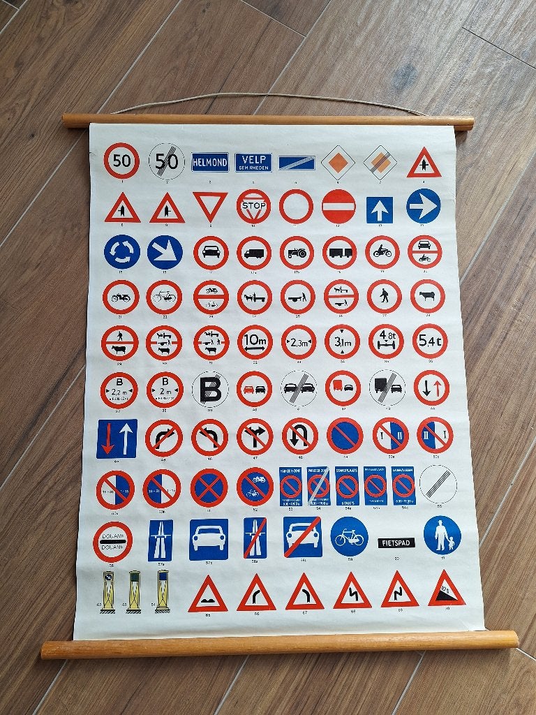 oude schoolplaat met verkeersborden., Antiek en Kunst, Antiek | Schoolplaten, Ophalen of Verzenden, Natuur en Biologie