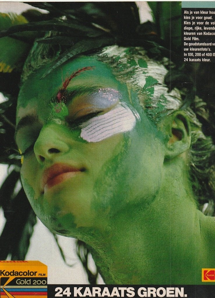 Retro reclame 1990 Kodak vrouw kleur 24 karaat groen, Verzenden, Overige typen