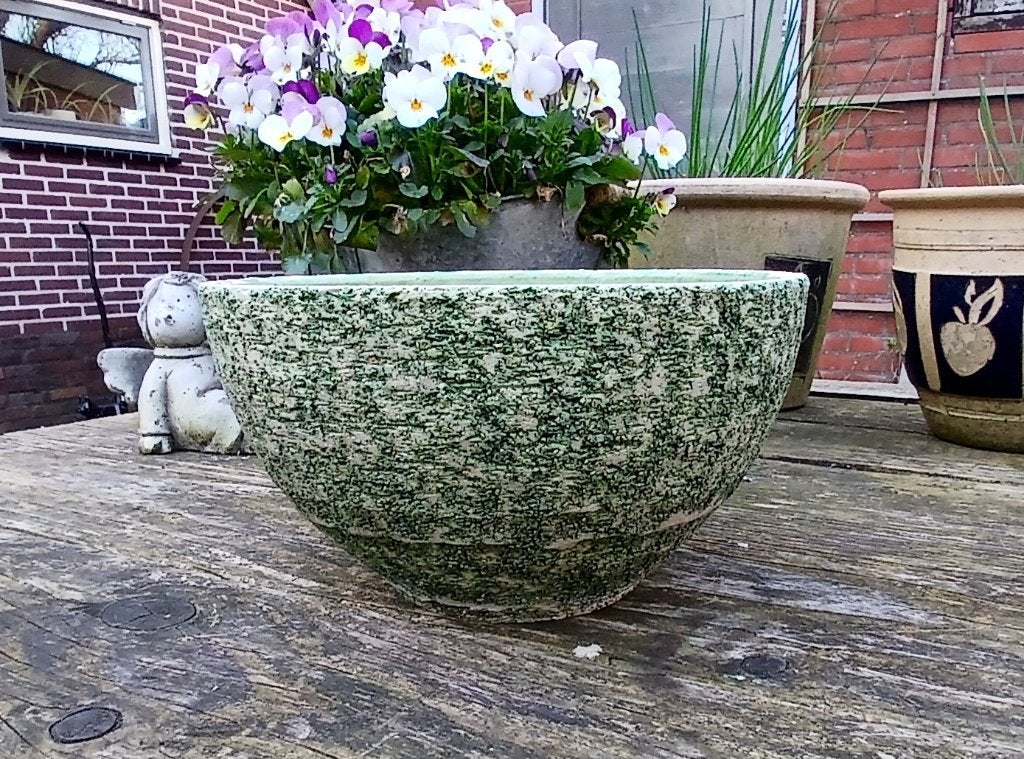 Vintage berkenbast boomschors bloempot - groentint (gaatje i, Tuin en Terras, Bloempotten, Gebruikt, Rond, Binnen, Ophalen of Verzenden