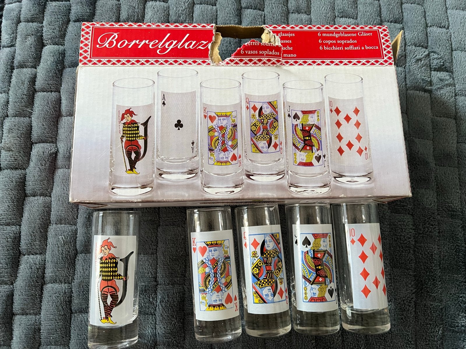 Vintage Borrelglazen met speelkaartmotief (5 stuks), Ophalen of Verzenden, Gebruikt, Borrel- of Shotglas