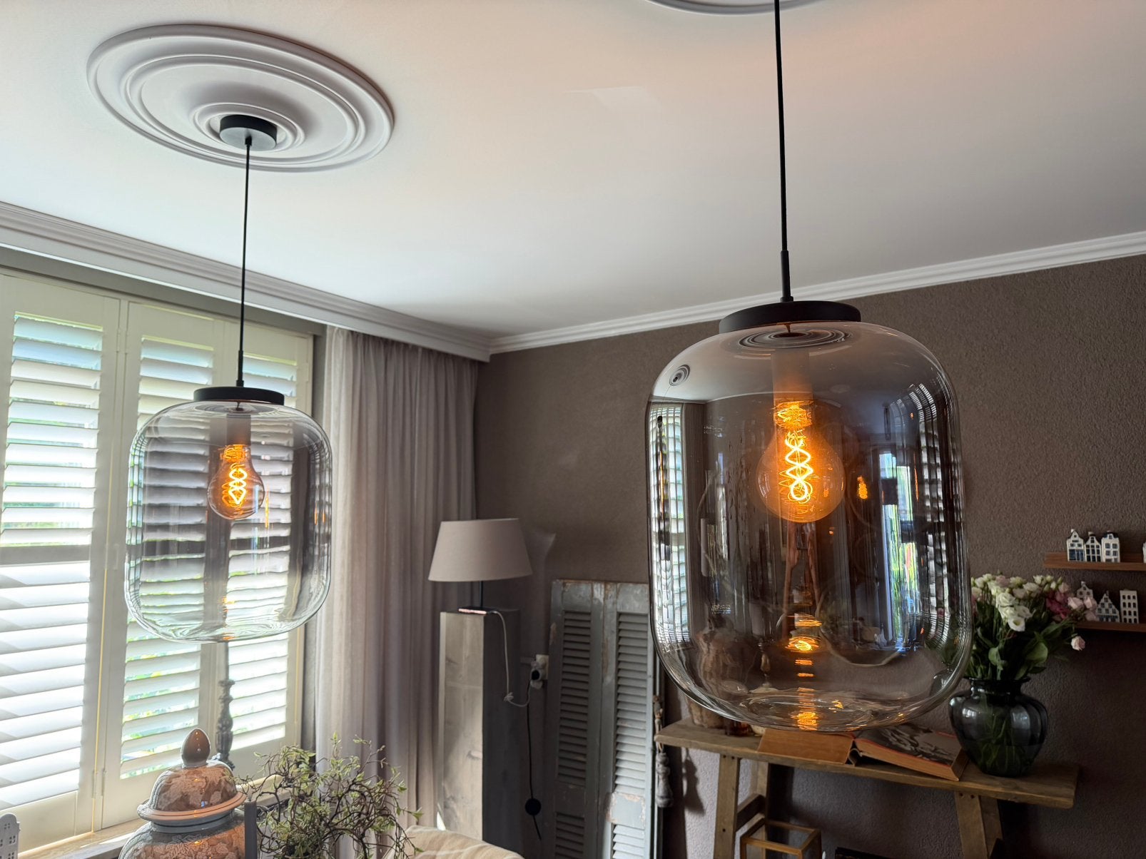 2 stuks hanglampen met donker glas (zilverkleurig), Ophalen, Zo goed als nieuw, Glas