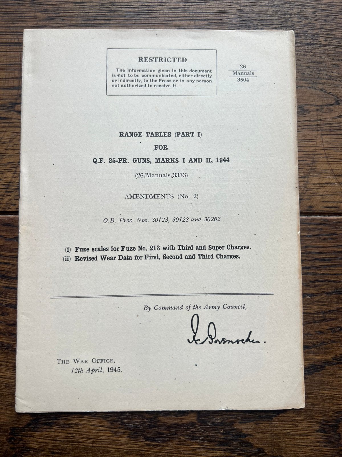 WO2 Brits 25 Ponder schootstafels granaat munitie 1945, Verzamelen, Verzenden, Engeland