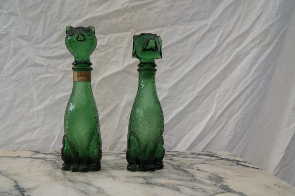 Groene glazen kat en hond karaffen ( Empoli Italie, Ophalen of Verzenden