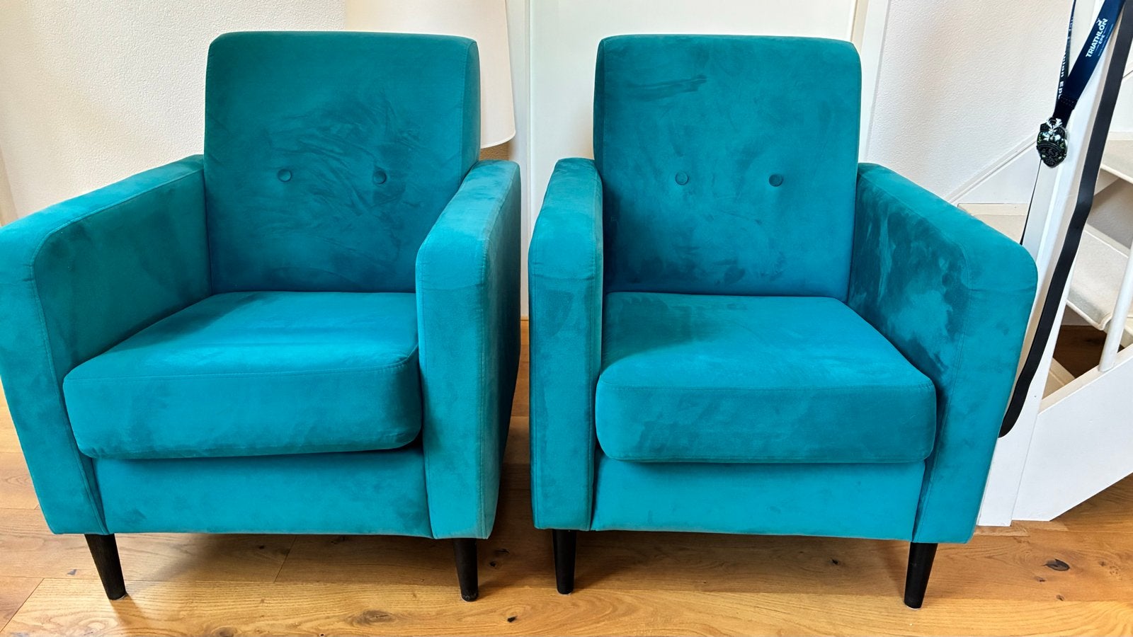 Twee petrol fauteuils van Goossens meubels, Ophalen, Zo goed als nieuw, Stof, 75 tot 100 cm