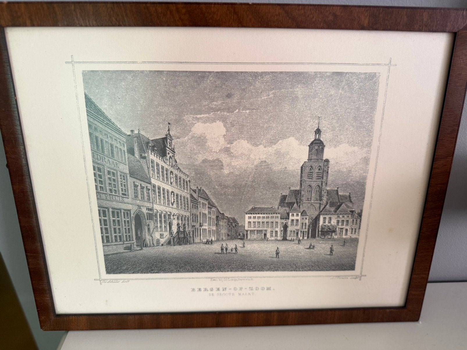Antieke (1863) staalgravure Markt Bergen op Zoom Chr.Schüler, Antiek en Kunst, Kunst | Tekeningen en Foto's, Ophalen of Verzenden