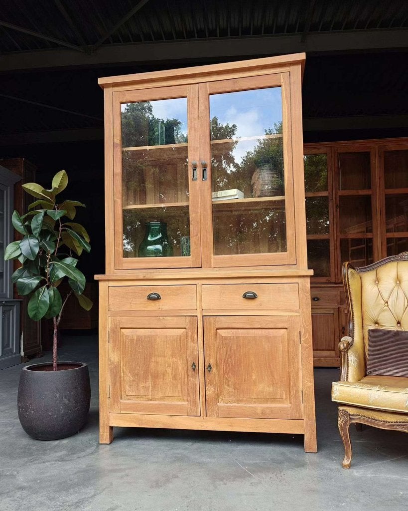 Teakhouten buffetkast | Winkelkast teak | Vitrinekast #2535, Huis en Inrichting, Kasten | Buffetkasten, Glas, Gebruikt, -, 200 cm of meer