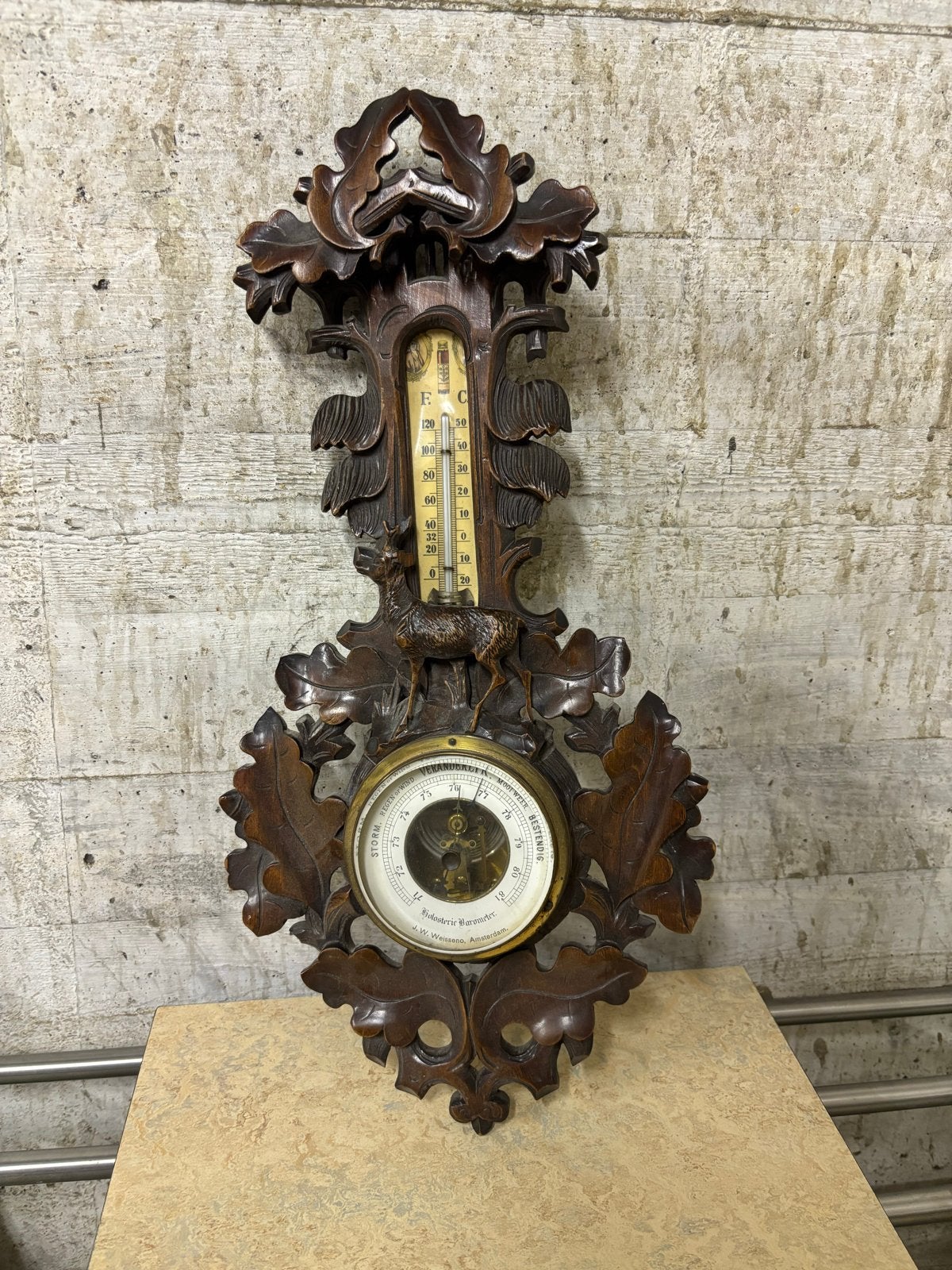 Antieke Barometer/Thermometer met Houten Snijwerk, Antiek en Kunst, Ophalen of Verzenden