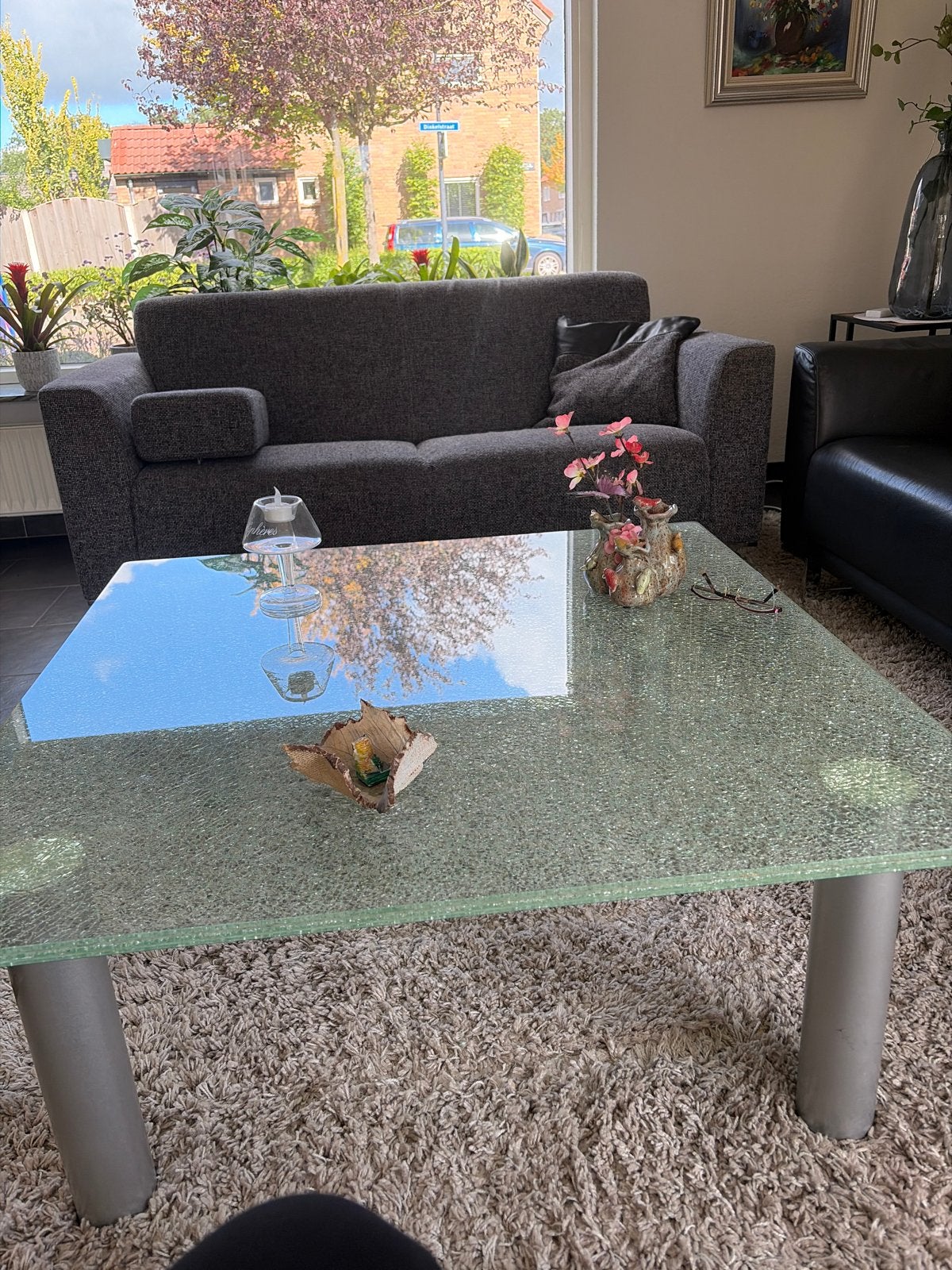 Glazen salontafel met uniek gebarsten effect, Ophalen, Gebruikt, 50 tot 100 cm, Vierkant