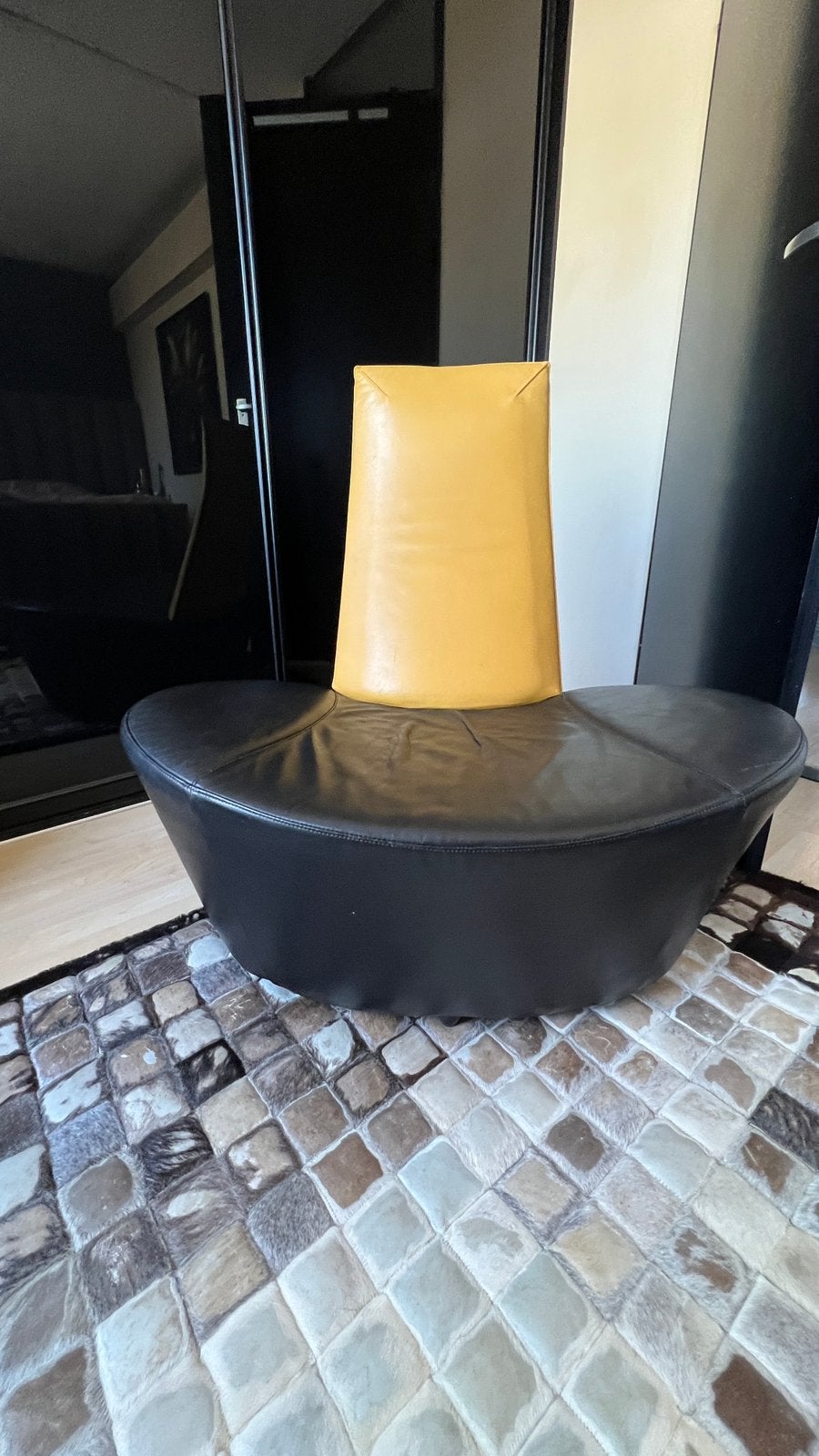 Prachtige vintage Montis design fauteuil jaren 80 zwart oker, Ophalen, Vintage modern designs, Minder dan 75 cm, Leer