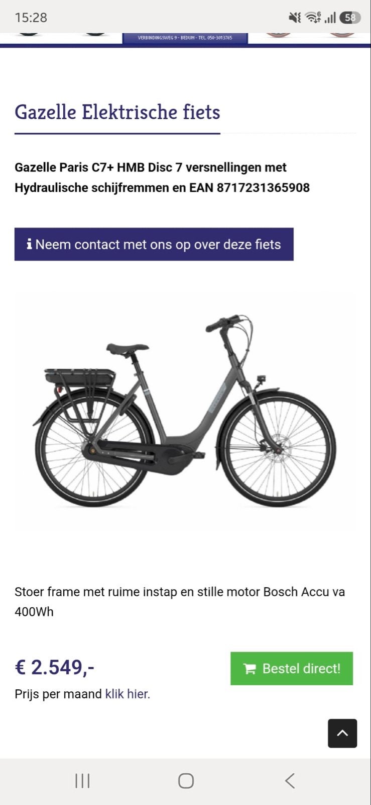 Gazelle Paris C7+ HMB Disc 7 versnellingen E-bike, Ophalen, Zo goed als nieuw, 50 km per accu of meer, Gazelle