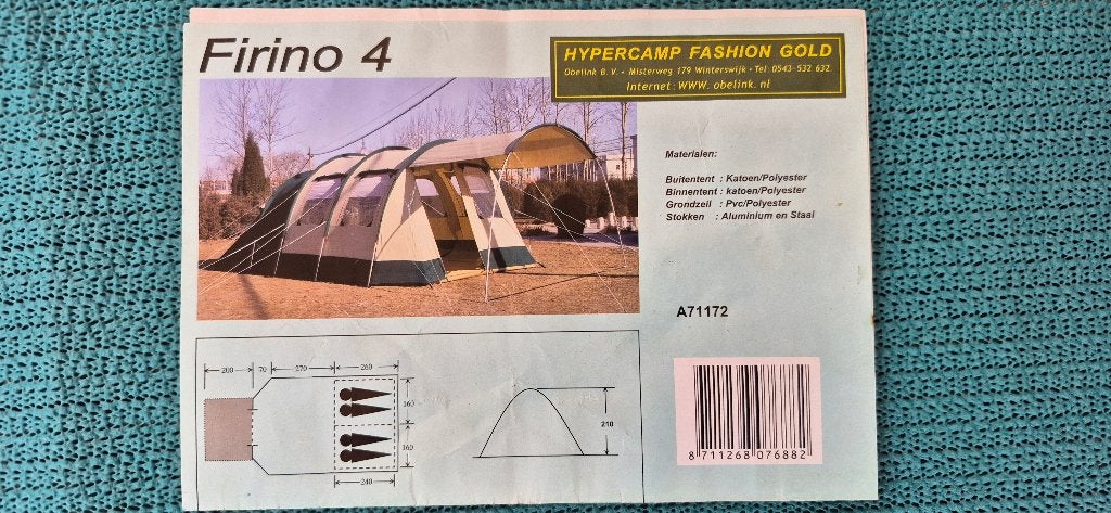 4 persoons Obelink Firino 4 Tunneltent – Nieuwstaat, Caravans en Kamperen, Tenten, Ophalen, Nieuw, Tot en met 4