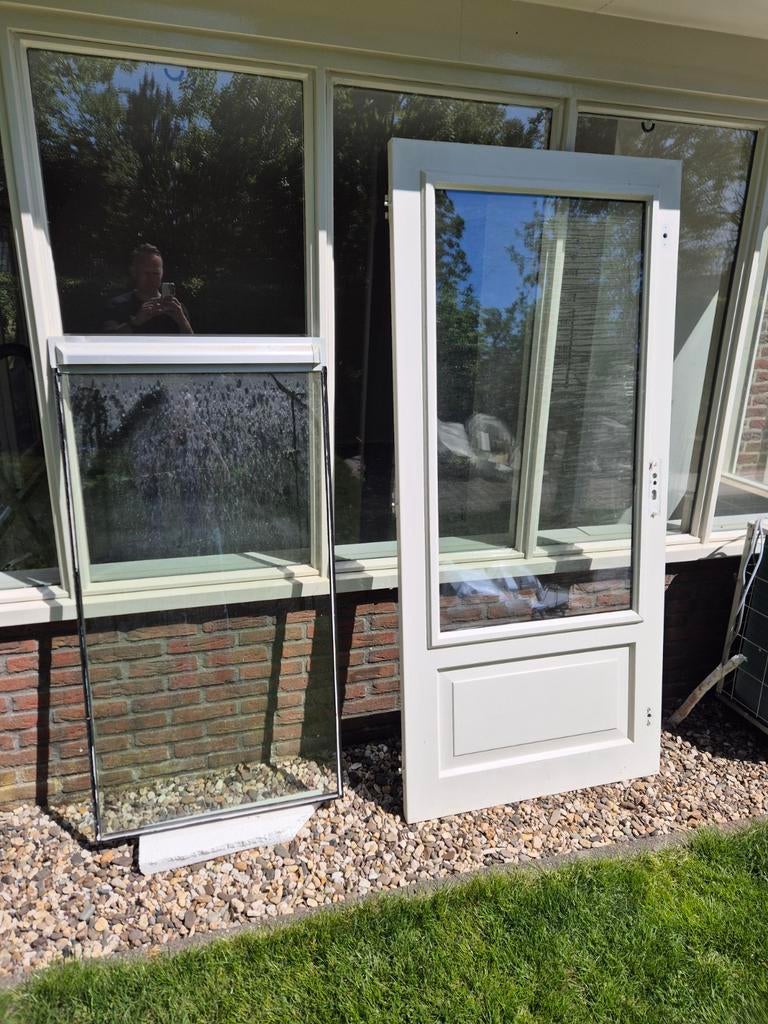 Merbau deur met hr++ glas en extra losse ruit hr++, Ophalen, Gevelraam of Ruit, Gebruikt, 80 tot 120 cm