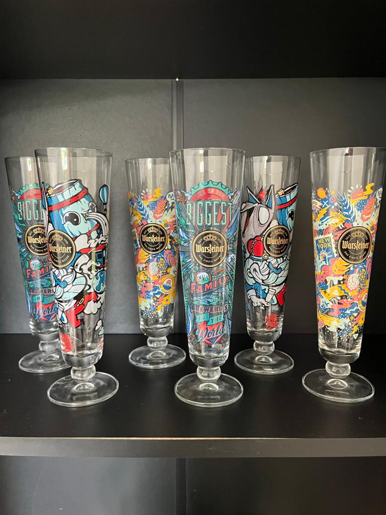 6x Warsteiner Art Collection bierglazen Uniek design, Verzenden, Zo goed als nieuw, Glas, Glas of Glazen