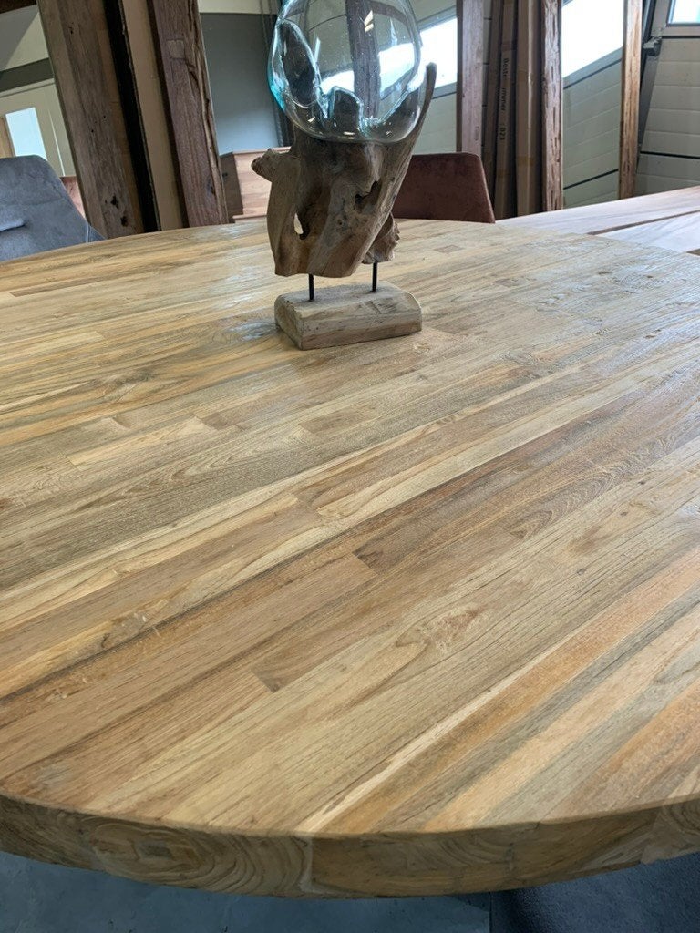 Rond tafelblad, 5 cm dik, geborsteld teak, gerecycled, poot, Nieuw, Ophalen of Verzenden, Vijf personen of meer, 100 tot 150 cm
