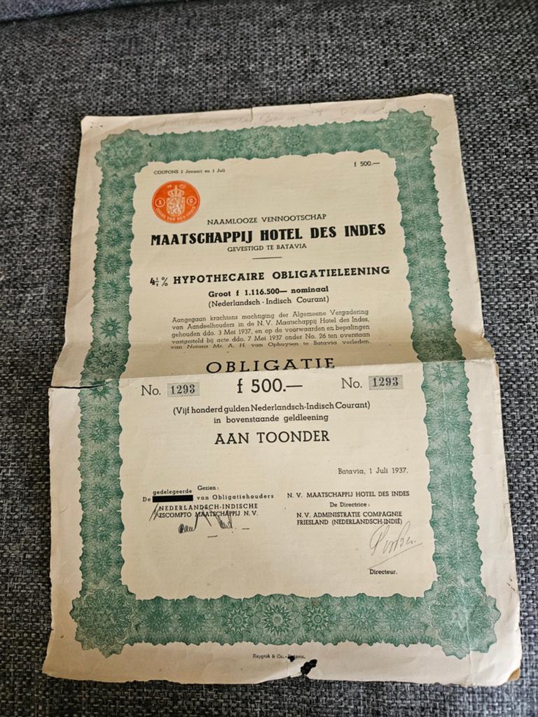 Obligatie Maatschappij Hotel Des Indes Batavia 1937, Verzenden, 1920 tot 1950, Obligatie of Lening