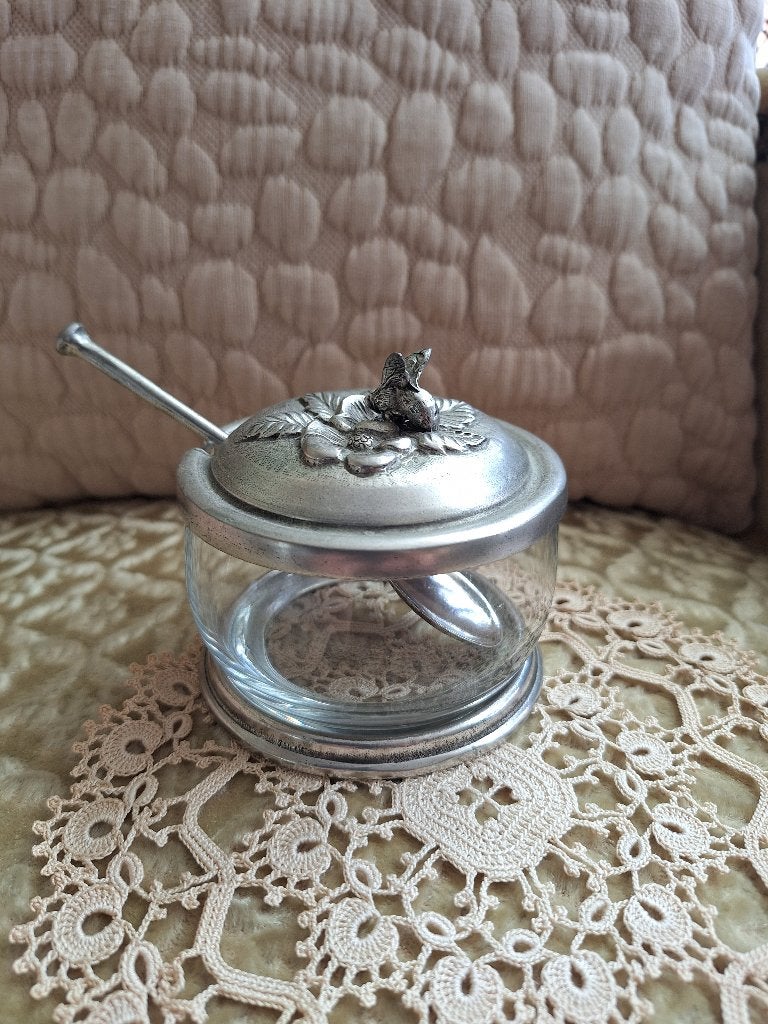 Glazen Honingpotje met Tinnen Deksel Bij ** Mimosa **, Ophalen of Verzenden