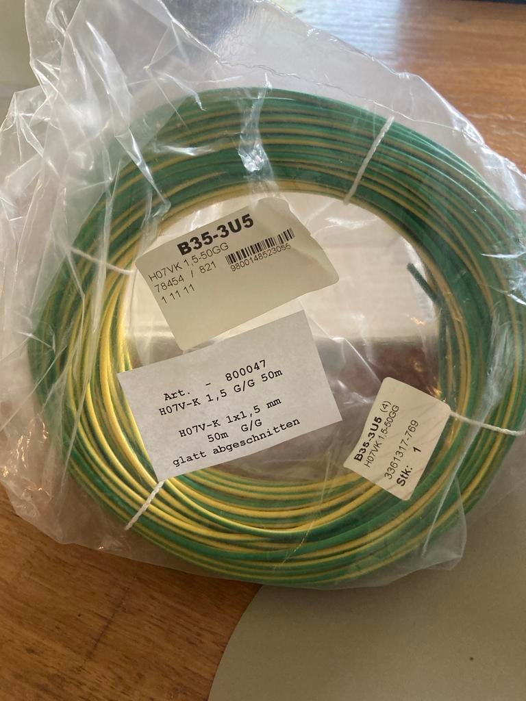 Aardingskabel H07V-K 1,5 G/G 50m - Nieuw, Ophalen of Verzenden, Nieuw, Kabel of Snoer