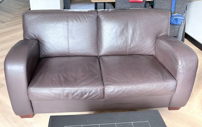 Set van 2 zwart / bruin leren banken (160 cm en 180 cm), Ophalen, Gebruikt, 150 tot 200 cm, Tweepersoons