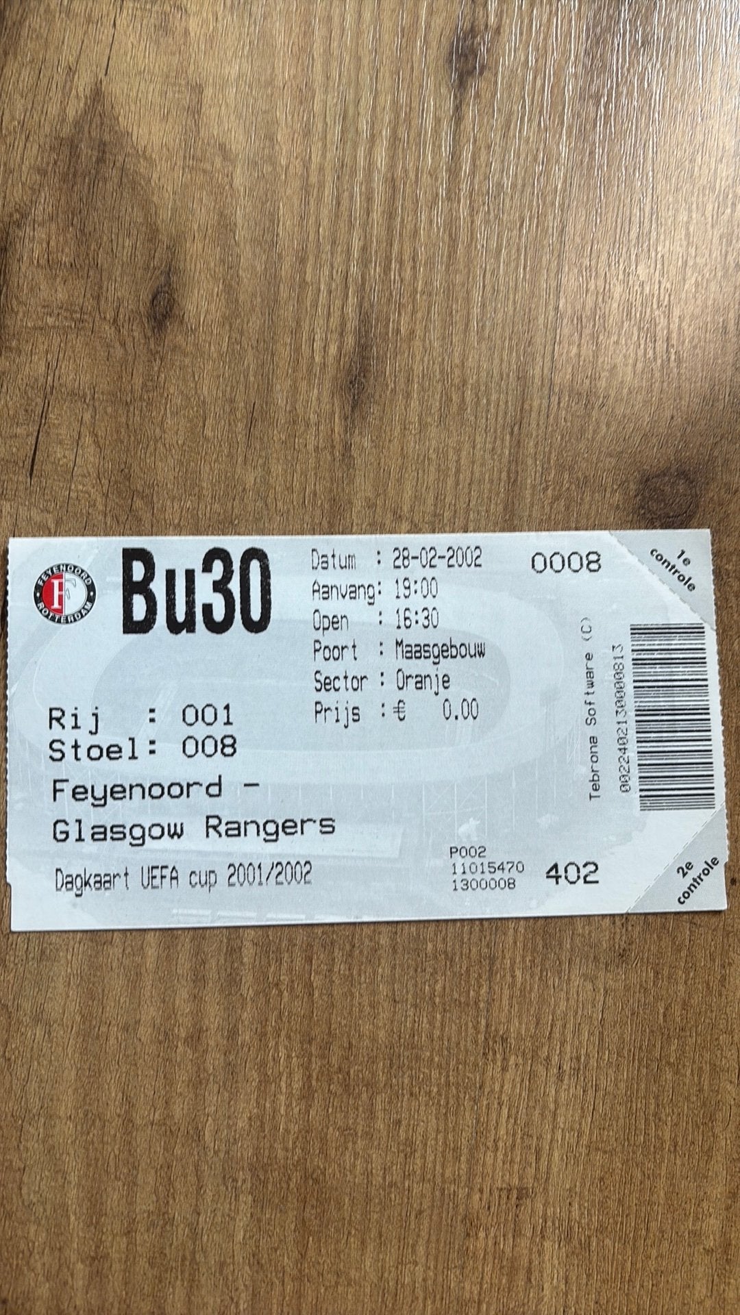 Oud stadionticket feyenoord glasgow 2002, Verzamelen, Sportartikelen en Voetbal, Ophalen of Verzenden, Zo goed als nieuw, Feyenoord