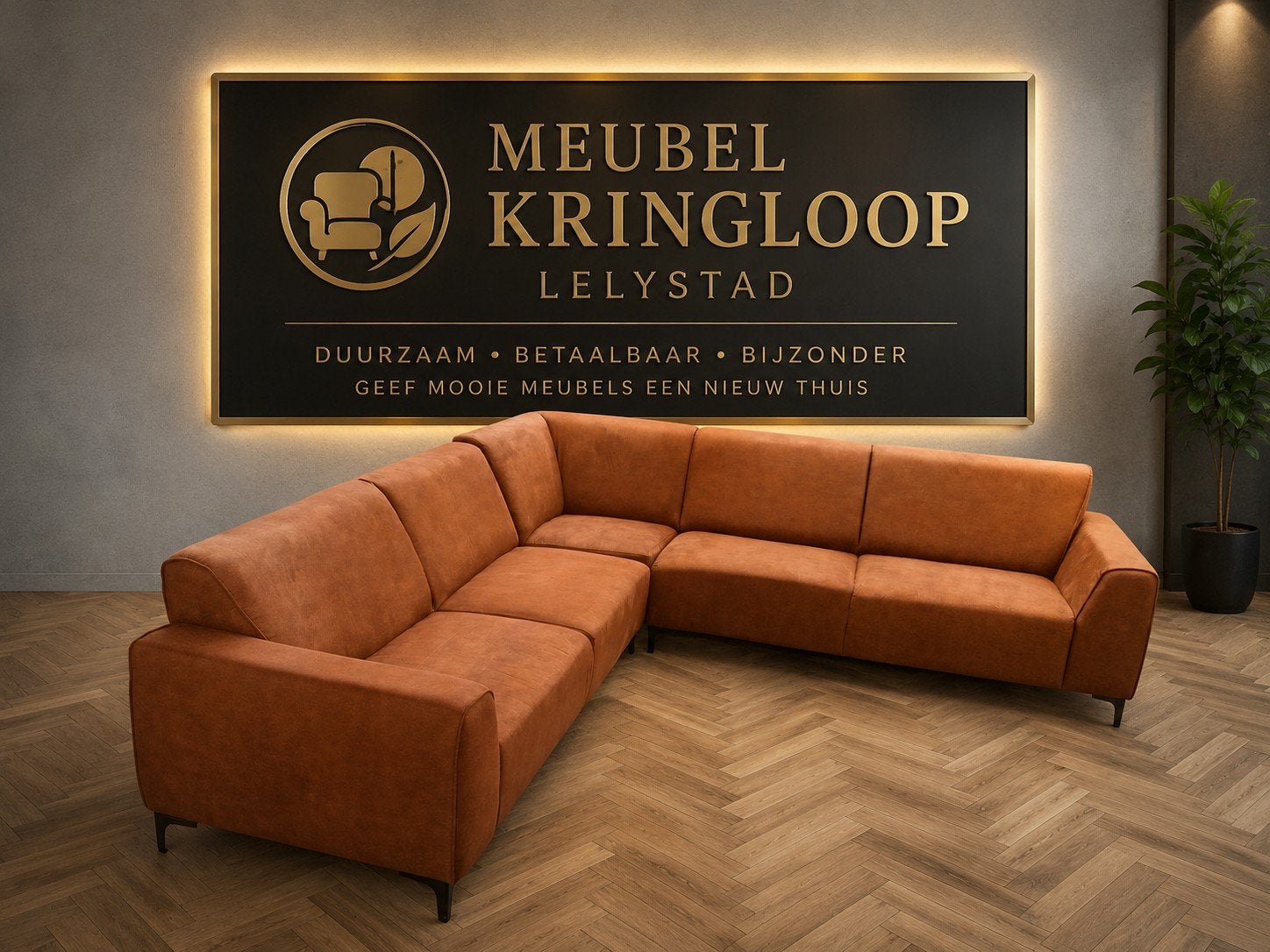 Hoekbank 280x280cm cognac industrieel - gereinigd -, 250 tot 300 cm, ., Hoekbank, Ophalen of Verzenden
