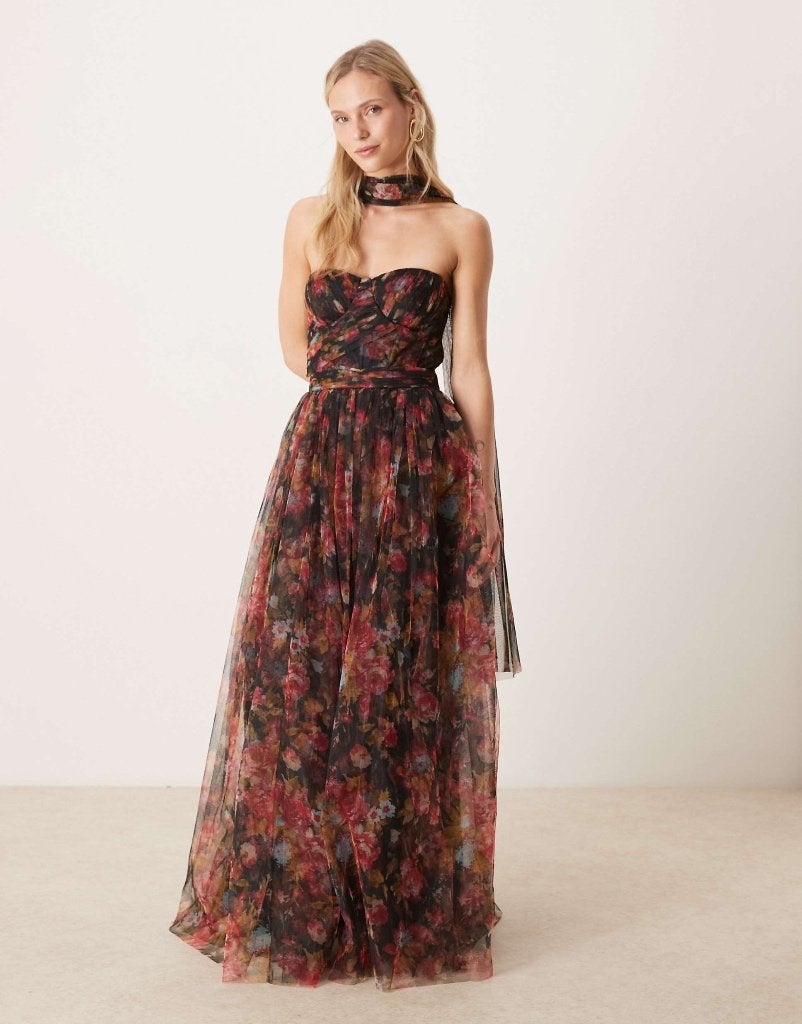 Maxi korsetjurk met bloemenprint, Galajurk, Overige kleuren, Ophalen of Verzenden, Zo goed als nieuw
