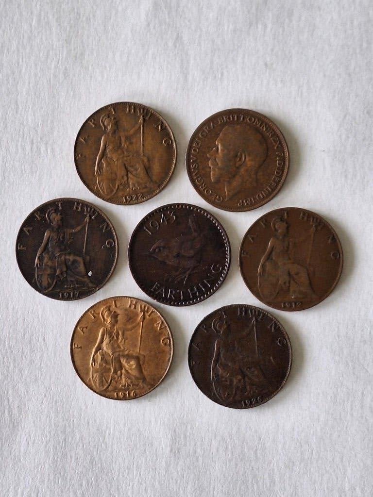 7 munten Engeland 1 farthing 1912-1943, Ophalen of Verzenden, Overige landen, Losse munt