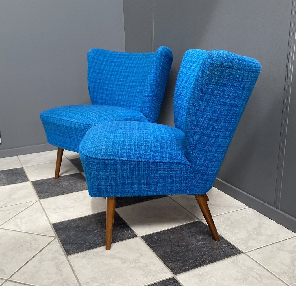 60 jaren cocktail fauteuils licht donker blauw geruite stof, Huis en Inrichting, Ophalen, Gebruikt, Minder dan 75 cm, Vintage