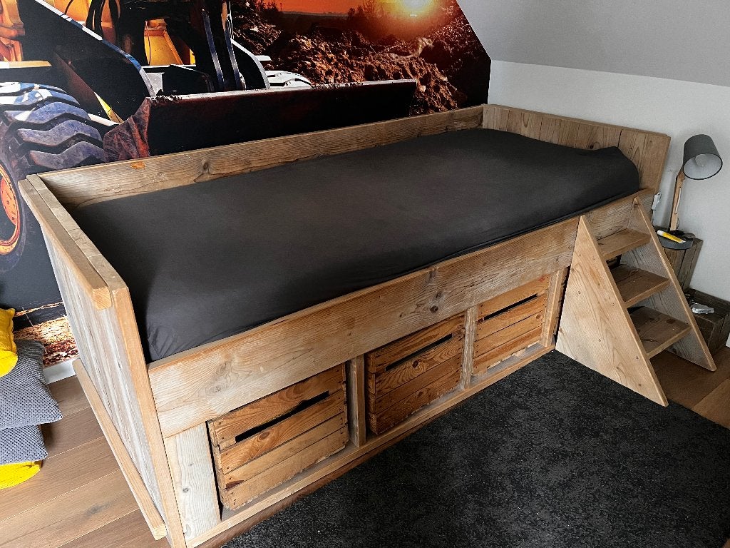 Stoer kinderbed, Ophalen, 90 cm, Eenpersoons, Bruin