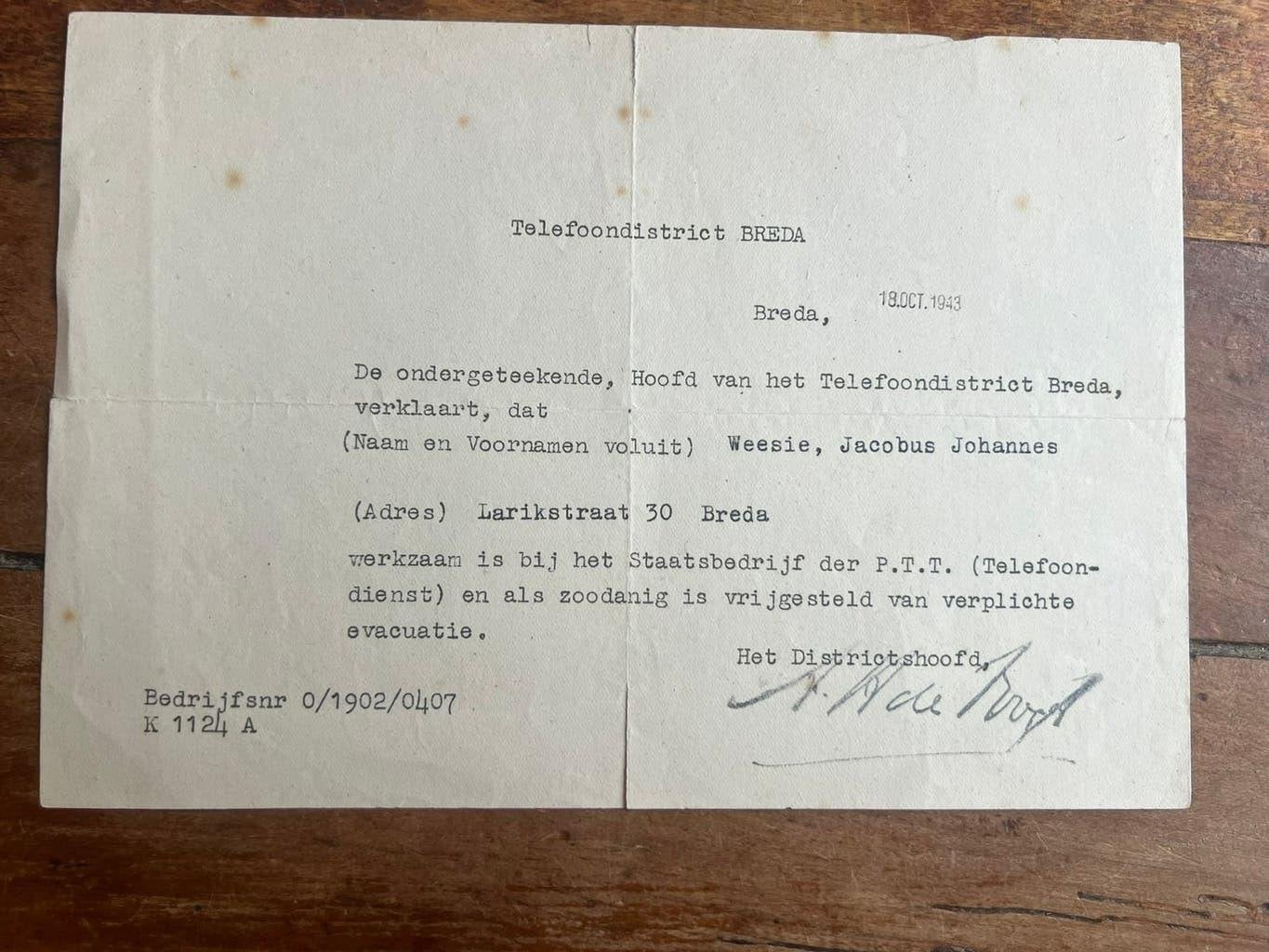 Nederlands ausweis PTT Telefoondistrict Breda rijswijk, Verzamelen, Militaria | Tweede Wereldoorlog, Verzenden, Foto of Poster