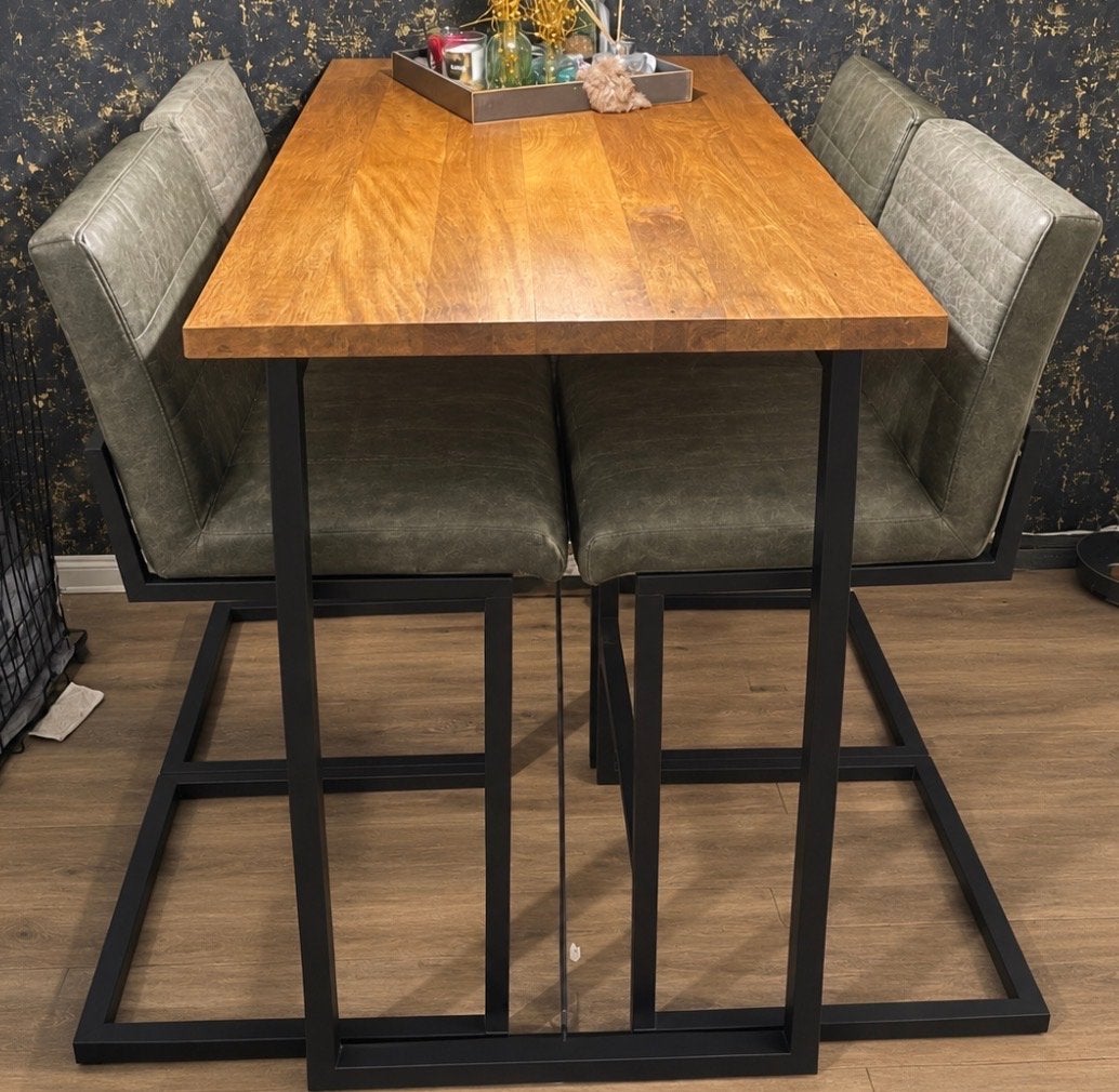 Elegante eettafel met 4 hoge stoelen - Hout en metaal, Huis en Inrichting, Ophalen, 100 tot 150 cm, Nieuw, 50 tot 100 cm
