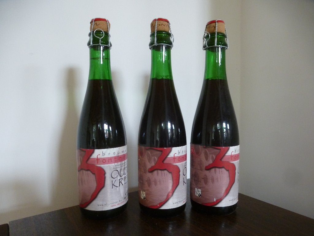 3 x OUDE KRIEK 3 FONTEINEN 37,5 CL 10 JAAR OUD, Verzamelen, Verzenden, Gebruikt, Flesje(s), Overige merken