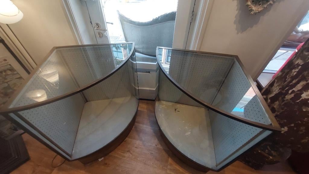 Antieke ronde glazen vitrinekasten – set van 2, Ophalen, Gebruikt, Antieke Engelse winkelstijl, 50 tot 100 cm